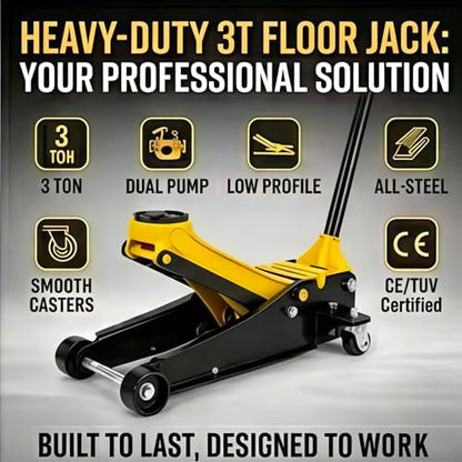 3 Ton Low Profile Floor Jack, All-Steel Heavy-Duty Hydraulic Car Jack with Dual Pistons Quick Lift Pump, Pro-Grade Garage Jack for Trucks SUVs, Lifting Range 3.35"-19.69"