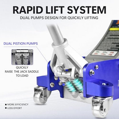 3T Aluminum Floor Jack, 6000 lb, Dual Pump, 3.35"-18.5" Lift | Aircraft-grade aluminum, dual pump, reinforced arm, side-mount handle. 3.35"-18.5" lift range. Lightweight & durable. - size: 3T Aluminum & Steel Blue