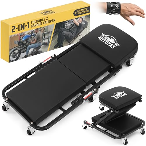 Creepers Automotive Mechanic Creeper Seat & Under Car Roller, 300lb Heavy Duty Foldable Garage Creeper with 360° Swivel Wheels, Magnetic Wristband, Low Profile Black Car Creeper for Mechanics - color: Black