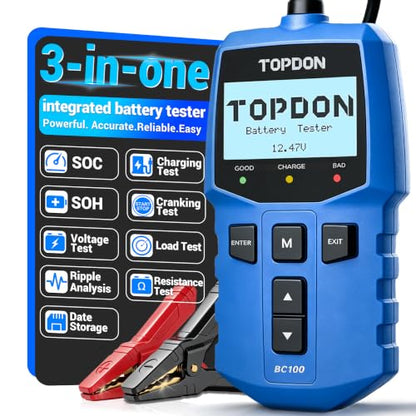 TOPDON Car Battery Tester 12V Automotive, BC100 Alternator Diagnostic Tool | 100-2000 CCA Load Tester,2026 New 3 in 1 Charging & Cranking Analyzer for Car Truck Motorcycle ATV SUV Boat Yacht and More