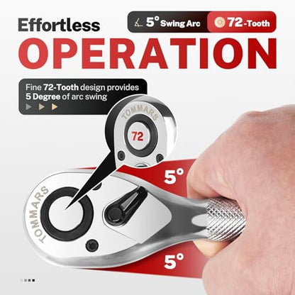 TOMMARS Stubby Ratchet Set 1/4" 3/8" 1/2" Drive Socket Wrench | Hand Tool for Mechanics, 72 Tooth 5-degree swing arc, Quick Release, Reversible - size: 1/4", 3/8", 1/2" Drive, style: Stubby Ratchet Set