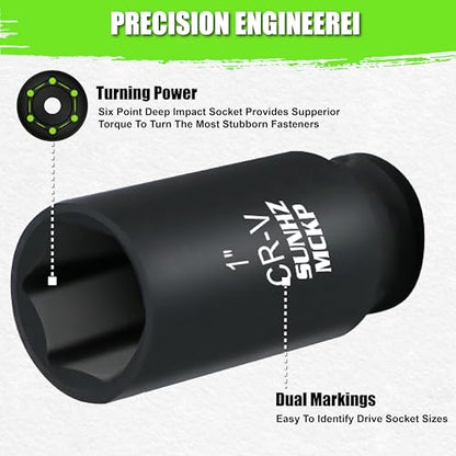 SUNHZMCKP 30-Piece 1/2" Drive Impact Socket Set, SAE (3/8"- 1") and Metric (10mm-24mm) Deep Socket Set, Including Impact Extension Bar 3 ", 5", 10" and 1/2" Socket Adapter, 6 Point Design, CR-V - size: 30-Pc 1/2" Drive Impact Socket Set