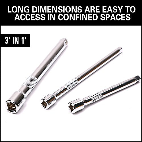 HORUSDY 9-Piece Socket Extension Bar Set, Ratchet Extension Bar Set,1/4", 3/8", and 1/2" Impact Drive Socket, Drive Tool Accessory, CR-V Steel Storage Tray - style: 9-PCS Chrome Extension
