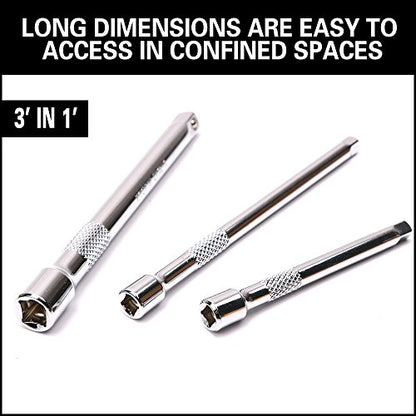HORUSDY 9-Piece Socket Extension Bar Set, Ratchet Extension Bar Set,1/4", 3/8", and 1/2" Impact Drive Socket, Drive Tool Accessory, CR-V Steel Storage Tray - style: 9-PCS Chrome Extension