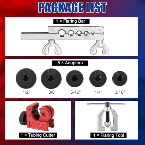 NYXOVA Brake Line Flaring Tool Kit, Double & Single 45° Flaring Tool Set with Tubing Cutter & 5 Adapters, Brake Line Repair Kit for Copper, Aluminum, Brass, Magnesium & Soft Steel Tubing