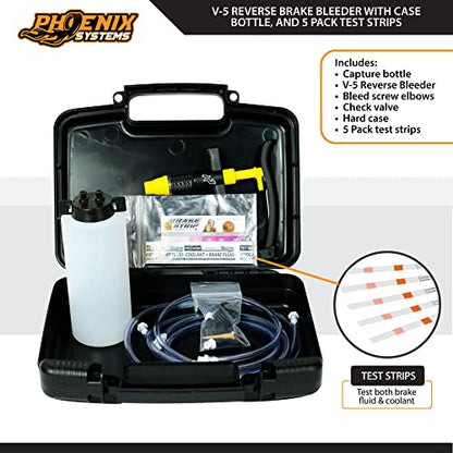 Phoenix Systems V-5 Reverse Brake and Clutch Bleeder (Includes Bottle, Hard Case and 5 Pack Test Strips), One Person, Fits All Makes and Models