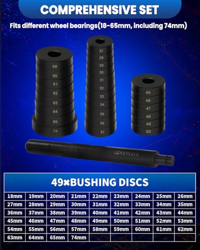 SIXIWANZI 52PCS Bushing Press Kit, Heavy Duty Bushing Bearing and Seal Driver Set | 50 adapters 18-74mm carbon steel, black anodic rust shield, long handle for wheel bearing race seal