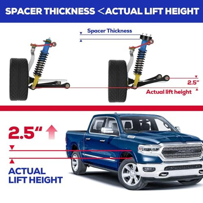 KSP 2.5" Leveling Kits for Ram 1500 2009-2026, 2pcs Front Lift Spacer Raise 2.5in Height for the Truck Chassis Frame, 2.5 Inch Aluminum CNC Strut Spacers fit Dodge Dakota 2005-2011, Raider 2006-2009 - size: 2.5"F, style: Front