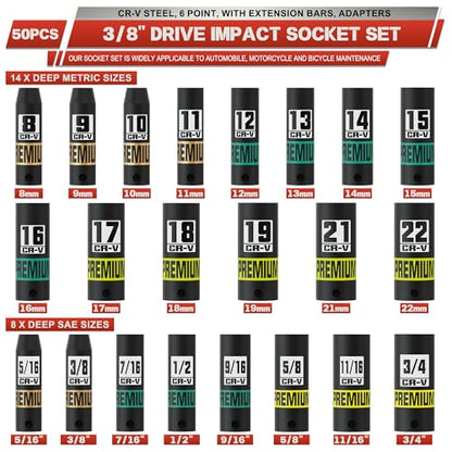 3/8" Drive Impact Socket Set, 50-Piece Standard SAE 5/16 to 3/4 inch and Metric 8-22mm, Cr-V Steel, 6 Point, with Extension Bars and Adapters, for Impact Wrenches, Automotive and Home - size: 3/8" 50pcs