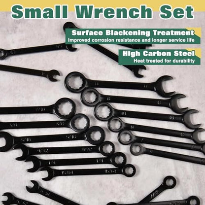 20PCS Mini Wrench Set Standard Metric and SAE 4mm-11mm & 5/32"-7/16" Open End and Box End Combination Wrench Set Super with Storage Roll Pouch and Key Rings, Black Electrophoretic Coating - size: SAE&Metric Set B