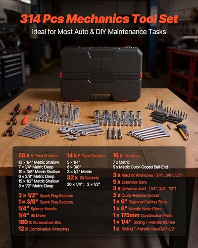 VEVOR Mechanics Tool Set, 314-Piece Mechanic Tool Kit, 1/4 in, 3/8 in, and 1/2 in Drive, Metric Socket Set, Wrenches, Screwdriver Bits, Accessories, and Storage Case, for Automotive and Home Repair - size: 1/4"&3/8"&1/2", style: 314 PCS