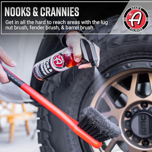 Adam's Wheel & Tire Brush Kit (3-Item) - Includes Wheel Brush, Tire Brush & Barrel Brush for Cleaning Rubber, Plastic, Chrome, Metal, Aluminum, Rim & Spoke Surfaces - size: 3-Item