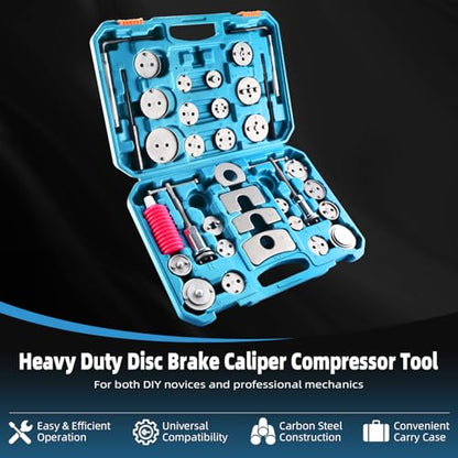 8MILELAKE 35pcs Disc Brake Caliper Tool Kit, Heavy Duty Disc Brake Piston Caliper Compressor Rewind Tool for Brake Pad Replacement, Fits Most American, European, Japanese Autos (Blue) - color: Blue