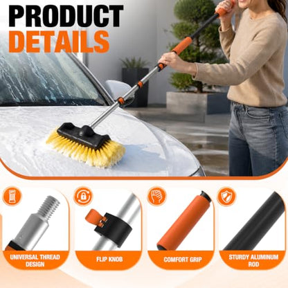 LAANPOLE 12FT Car Wash Brush with Long Handle, Car Cleaning Brush with 12 Inch Soft Bristle, Solar Panels Cleaner with Telescoping Pole for RV, Truck, Boat, House Siding - size: 12FT