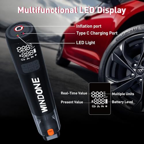 Windone Car Vacuum, 12000Pa 2-in-1 Cleaner & Tire Inflator 150PSI | 60W Brushless Motor, Cordless Handheld Vacuum & Air Pump with Pressure Gauge, LED Light, Multi-Nozzles for Car, Home, Office