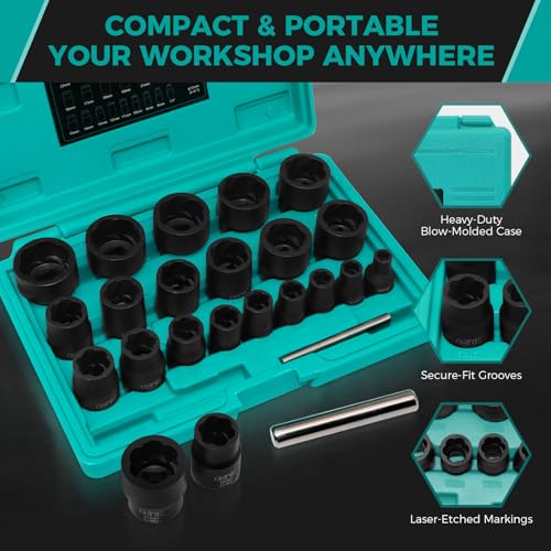 22Pcs Bolt Nut Extractor Set Metric 8-27mm, 1/2" & 3/8" Drive Impact Cr-Mo Steel Lug Nut Remover Socket, Wheel Lock Removal Kit for Damaged, Stripped, Frozen, Nuts & Screws - size: 22 Piece