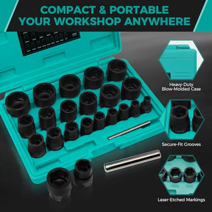 22Pcs Bolt Nut Extractor Set Metric 8-27mm, 1/2" & 3/8" Drive Impact Cr-Mo Steel Lug Nut Remover Socket, Wheel Lock Removal Kit for Damaged, Stripped, Frozen, Nuts & Screws - size: 22 Piece