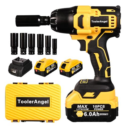 1/2 inch Impact Wrench Cordless, (1000 N.m) 737 Ft-lbs Hight Torque Wrench,20V Power Impact Driver, Brushless Motor 3300 RPM, 2x 6.0AH Li-ion Battery,Charger,6 Sockets