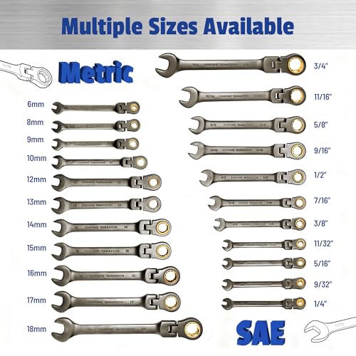 22-Piece Flex Head Ratcheting Wrench Set, with 180° Flex Head, Metric 6-18 mm & SAE 1/4-3/4", Combination Wrench Sets with Organizer Box