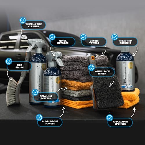 The Rag Company - Complete Wheel & Tire Cleaning Kit - Includes Wheel Cleaner, Exterior Detailing Sprays, Microfiber Towels, Brushes, Applicators - 15 Piece Kit