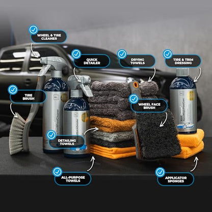 The Rag Company - Complete Wheel & Tire Cleaning Kit - Includes Wheel Cleaner, Exterior Detailing Sprays, Microfiber Towels, Brushes, Applicators - 15 Piece Kit