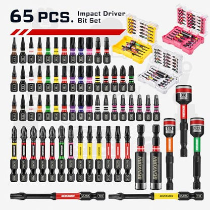 Geinxurn 65Pieces Impact Screwdriver Bits Set, Magnetic S2 Steel Phillips/Square/Torx Insert Power Bits Tips,Impact Bit Holder and Nut Driver with Storage Box Case - style: 65pcs-Pk/Yw/Bg
