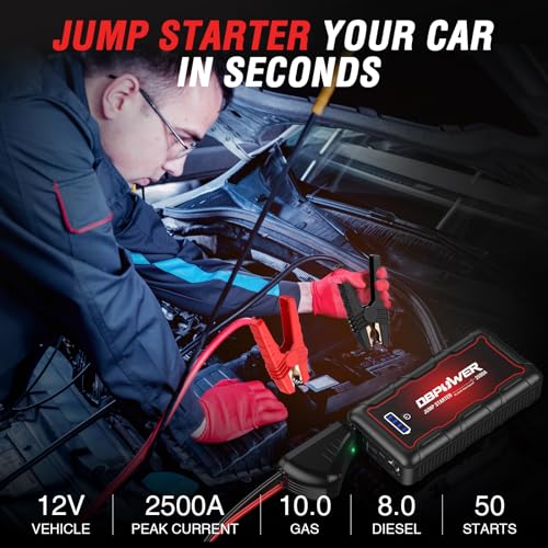 DBPOWER Jump Starter 2500A Peak 74Wh Portable Car Jump Starter (Up to 10L Gas/8L Diesel Engine) 12V Auto Battery Booster Pack with Smart Clamp Cables, Quick Charger, LED Light Jump Box