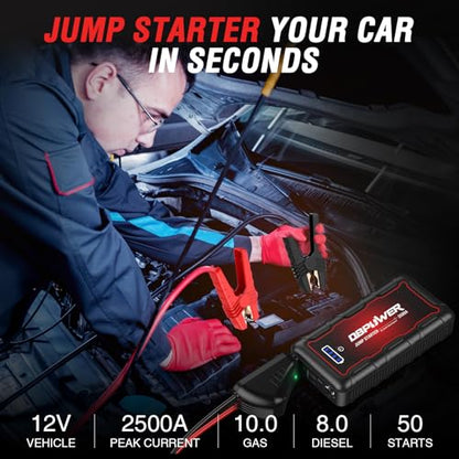 DBPOWER Jump Starter 2500A Peak 74Wh Portable Car Jump Starter (Up to 10L Gas/8L Diesel Engine) 12V Auto Battery Booster Pack with Smart Clamp Cables, Quick Charger, LED Light Jump Box