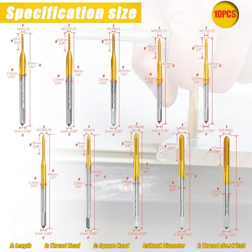 10pcs Micro Metric Taps Bits Set with 1Pc Tap Wrench,M1-M3.5 Mini Machine Screw Tap Set, Small Thread Screws Tapping Bits Tool - size: M1 to M3.5 - 10Pcs Micro Tap Set