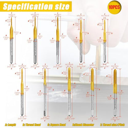 10pcs Micro Metric Taps Bits Set with 1Pc Tap Wrench,M1-M3.5 Mini Machine Screw Tap Set, Small Thread Screws Tapping Bits Tool - size: M1 to M3.5 - 10Pcs Micro Tap Set