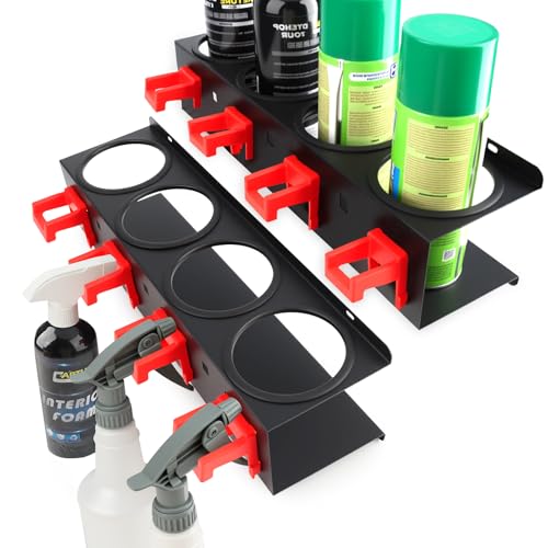 2 Pack Spray Bottle Holder Wall Mount, Carbon Steel Heavy-Duty Car Detailing Bottle Organizer, Spray Can Holder Rack with 4 Holes & 4 Hooks, Space Saving Storage Holder for Garage Workshop Van Shed - color: 4 Holes-2Pcs