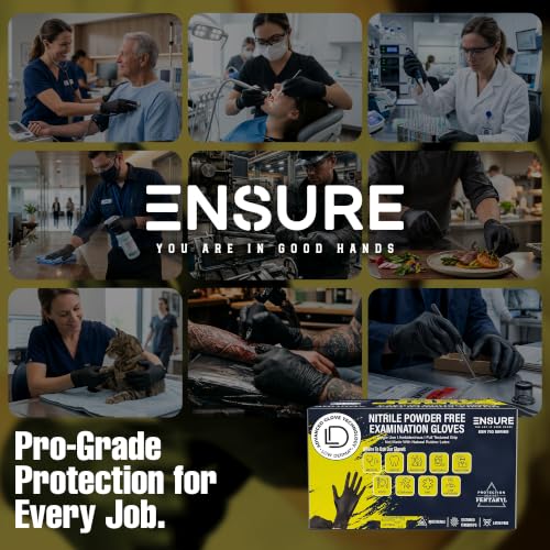 Ensure Black Nitrile Gloves – 7 Mil Heavy-Duty Disposable Gloves, Low Dermatitis, Powder & Latex Free, Puncture & Chemical Resistant for Mechanic, Industrial, Food Service, Medical Use (1000, Large) - size: Large
