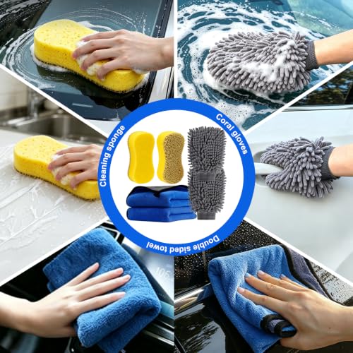 6-Pack Car Cleaning Kit: 2 Scratch-Free Microfiber Wash Mitt, 2 Car Wash Sponge & 2 Microfiber Towels for Cars – Complete Car Wash Set for a Streak-Free Shine - color: 6 Pack