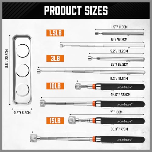 HORUSDY 5-PIECE Magnetic Pickup Tools Set, Include 15LB, 10LB, 3LB, 1.5LB Magnet Sticks, Rust-Proof Magnetic Tray, Telescoping Design for Mechanics, Automotive, DIY, Gifts for Men, Dad, Husband - style: 5-PIECE Magnetic Pickup Tools Set