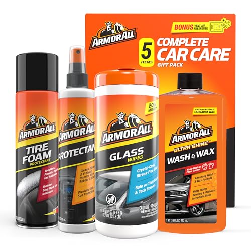 Armor All Car Cleaning Kit, Glass Wipes, Protectant, Wash & Wax, Tire Foam | 4-piece car wash detailing kit with ammonia-free glass wipes and UV protectant spray for interior surfaces - style: Complete Car Care Kit 5pc