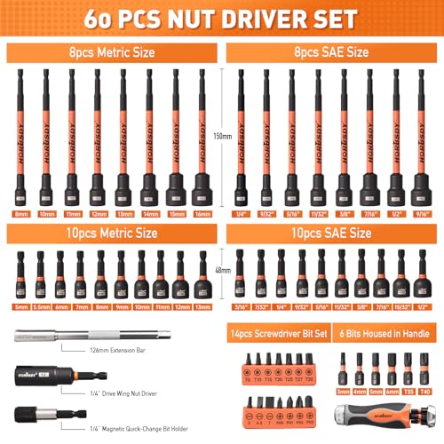 HORUSDY 59pcs Magnetic Nut Driver Set with 6-in-1 Ratcheting Screwdriver Handle, SAE & Metric 1/4 Inch Hex Shank Socket Set for Impact Drill with Quick-release Bit Holder and Extension Bar - style: New-Version