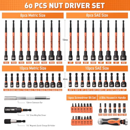 HORUSDY 59pcs Magnetic Nut Driver Set with 6-in-1 Ratcheting Screwdriver Handle, SAE & Metric 1/4 Inch Hex Shank Socket Set for Impact Drill with Quick-release Bit Holder and Extension Bar - style: New-Version