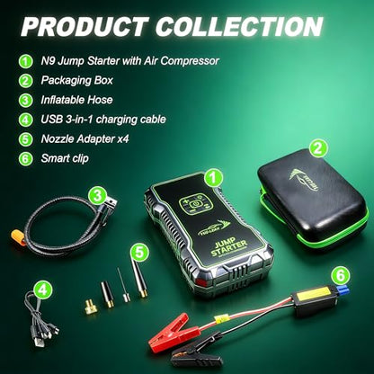 K10A 1000A Jump Starter, Portable Car Battery Jump Starter with Air Compressor, 12V Lithium Battery Booster Pack, Power Bank & Jumper Cables for 6.0L Gas & 3.0L Diesel Engines