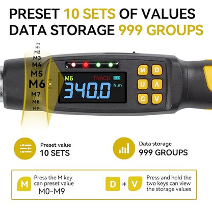 Digital Torque Wrench Set, 1/2 Inch Driver Torque Wrench with Socket Adapter and Extension Bar, 12.5-250 ft-lb (17-340 Nm), ±2% Accuracy, 72-Tooth, for Automotive Truck Car Motorcycle - size: 1/2" 340Nm