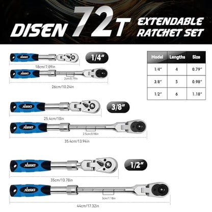 DISEN 3-Piece Extendable Flex-Head Ratchet Wrench Set with EVA Storage Case - 1/4", 3/8", 1/2" Drive, 72-Tooth, Rubber Grip, Adjustable Length - Professional Automotive and DIY Tools - size: 1/4''+3/8''+1/2'' Set, style: 72T Extendable&Flex-Head Ratchet