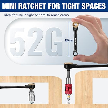 WORKPRO 1/4" Mini Ratchet Wrench Set with Magnetic Bit Holder, Screwdriver Bit Set, S2 Steel, Metric Shallow Socket (6-13mm), 72-Tooth, Right Angle Screwdriver, with Storage Case for DIY, Auto Repair | Mini Ratchet Wrench 1/4" Double Head 3-in-1 S2 Steel