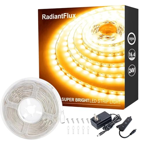 RadiantFlux Warm White Led Strip Lights for Bedroom, 16.4ft 300Leds, Dimmable,Flexible, Super Bright LED Tape Lights for Living Room, Kitchen, Vanity Mirro （Indoor Use） - color: Dimmable Warm White, size: 16.4FT