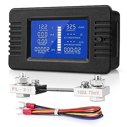 DC Multifunction Battery Monitor Meter, 0-200V 0-100A LCD Display Digital Current Multimeter Voltmeter Ammeter for Cars Rv Solar System