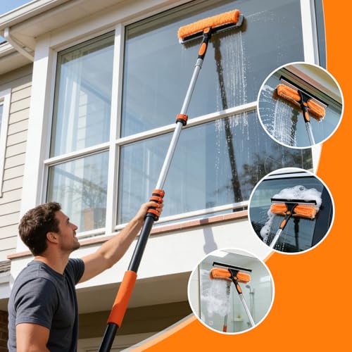 26FT Window Cleaning Kit, 2-in-1 Squeegee with 5-20FT Telescoping Pole & Flip-Lock & Screw Dual Locking, Professional Long Handle Washing Tool for High Windows - size: 5-20FT