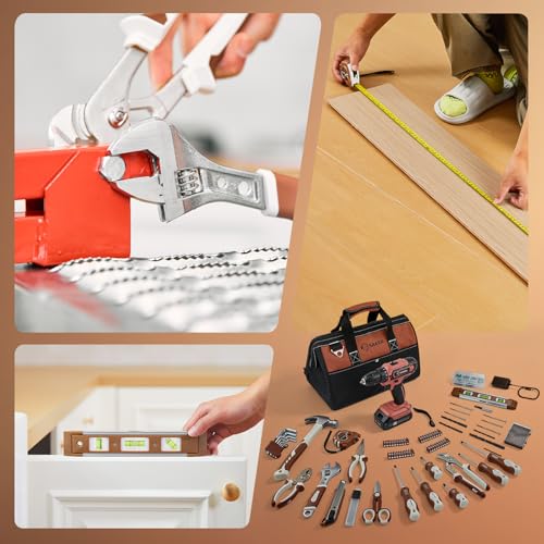 Saker 20V Tool Set with Drill, General Home Hand Tool Kit with 14-Inch Storage Bag, Tool Set with 20V Cordless Drill for DIY Projects, Home Repairs, Handyman, Mocha Brown