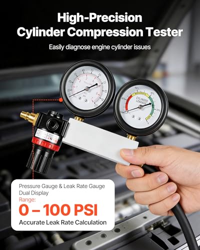 VEVOR Engine Cylinder Compression Tester Kit, Pressure Gauge Range of 0-100 PSI, Automotive Leak Down Tester Kit with 4 Adapters, 2 Metal Tubes, Pressure Check & Leakage Rate Test on Cars, Motorcycles