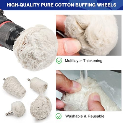 8PCS Buffing Wheels for Drill, Non-Woven & Cotton Polishing Wheels for Drill 1/4" Secure Hex Shank, Rust Removal and Mirror Finish for Car Motorcycle Wheel Rim Headlight Metal Aluminum Brass