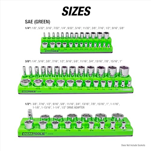 OEMTOOLS 22488 6 Pack Set Metric and SAE Magnetic Socket Tray Set, Black and Green Socket Organizers, 1/4, 3/8, 1/2 Inch Drive Socket Organizer Tray Set - style: Black and Green