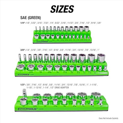 OEMTOOLS 22488 6 Pack Set Metric and SAE Magnetic Socket Tray Set, Black and Green Socket Organizers, 1/4, 3/8, 1/2 Inch Drive Socket Organizer Tray Set - style: Black and Green