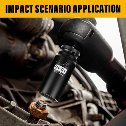 1/2 Inch Drive 15/16 Inch Deep SAE 6 Point CR-MO Impact Socket | Radius Corner Design,Square Chamfered Opening,Axle Nut Impact Grade Socket for Easy Removal - size: 1/2” Drive 15/16 Deep, style: 1/2" Drive Deep Socket